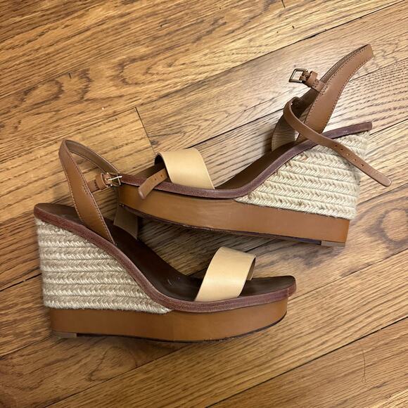 Tory Burch Malaga Wedge Tan Cream Leather Sandals - Picture 3 of 8